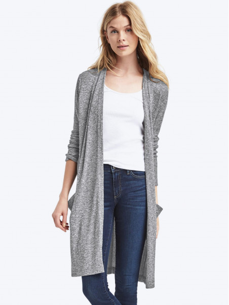 Marled open-front long cardigan